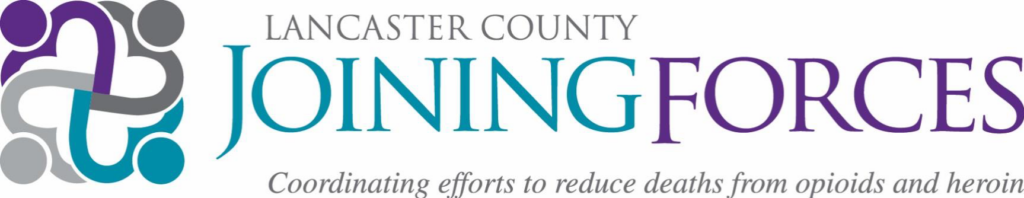 Logo for Lancaster County Joining Forces logo states "Coordinating efforts to reduce deaths due to opioids" in purple and turquoise