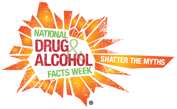 Logo is a bright orange sunburst with "National Drug & alcohol Facts Week" in red and green in the shatter. The tagline is "Shatter the Myths."