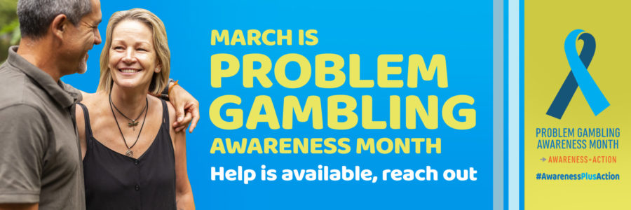 Problem Gambling Awareness month banner shows a couple- presenting as male and female- standing casually with one's arm around the other.