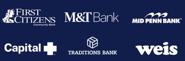 Logos for M&T Bank, Mid Penn Bank, Capital Blue Cross, Traditions Bank, Weis Markets, and FCC Bank