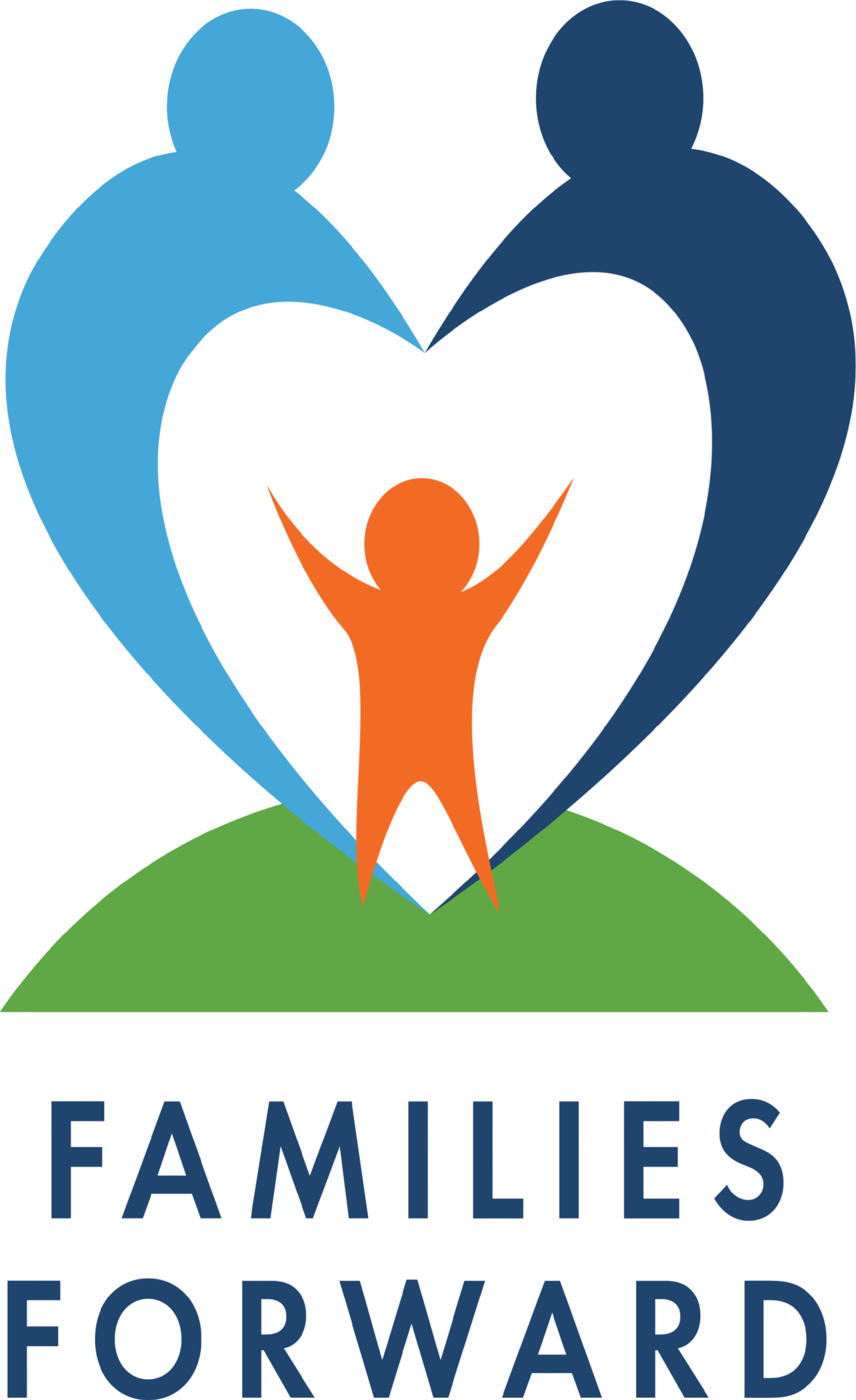 Stylized graphic of two adult figures surrounding a smaller, child-like figure, creating a heart. Text says, Families Forward.